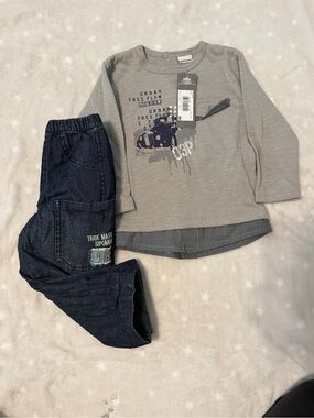 NWT 3 Pommes Baby Boy 2pc Set 9M Jeep Shirt Denim Jeans Boutique Fall Outfit